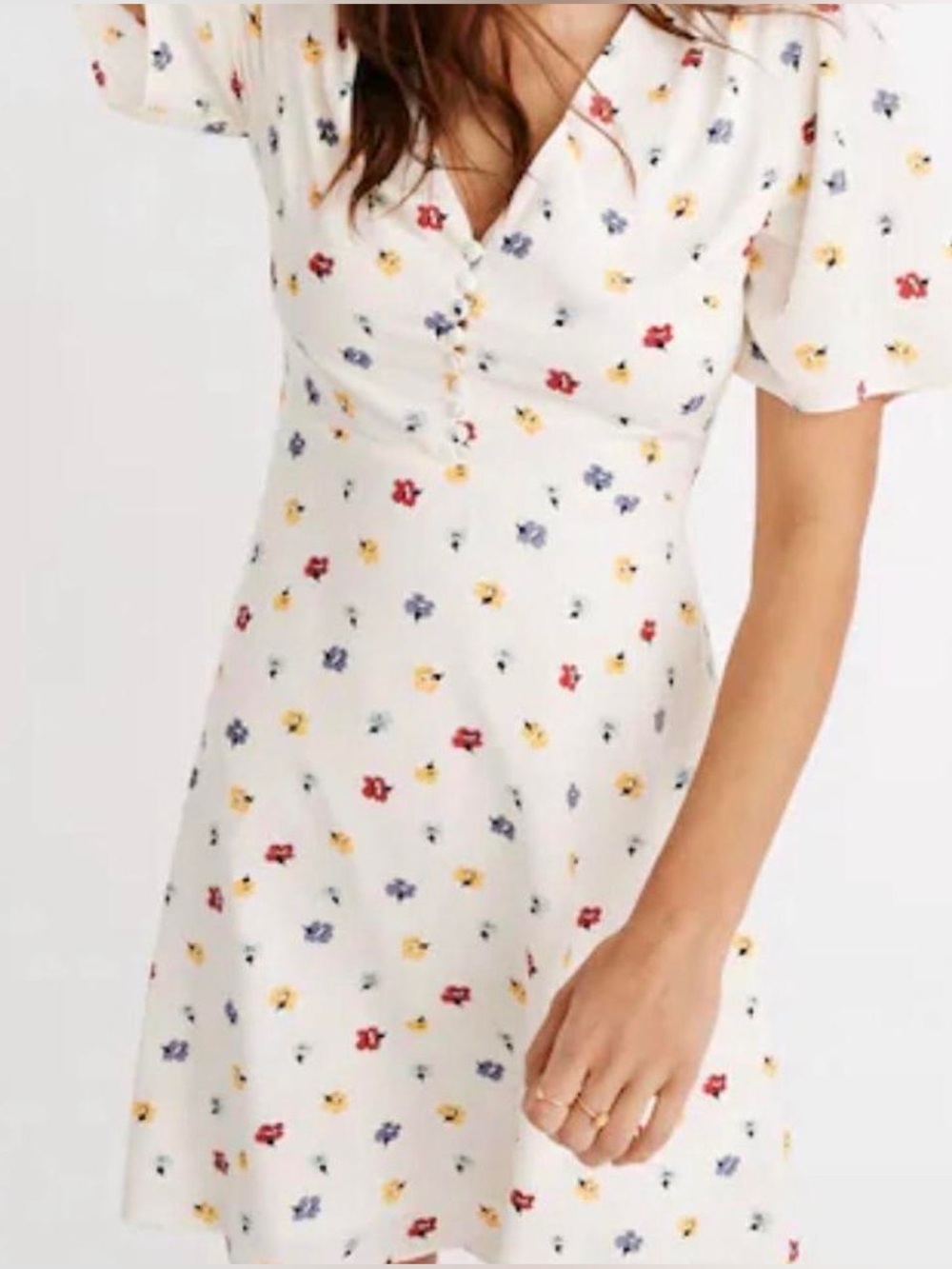 Madewell White Flutter Sleeve Mini Dress w/ Red, Yellow & Blue Floral Print sz 0
